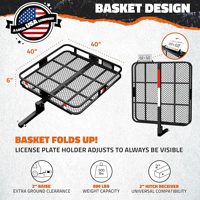 Mockins 40"x40"x6" Extra Deep Square Trailer Hitch Cargo Carrier & 30 CuFt Square Waterproof Cargo Hitch Carrier Bag | 500 Lbs. Capacity Folding Luggage Rack for SUV Car Truck RV & More w/Accessories