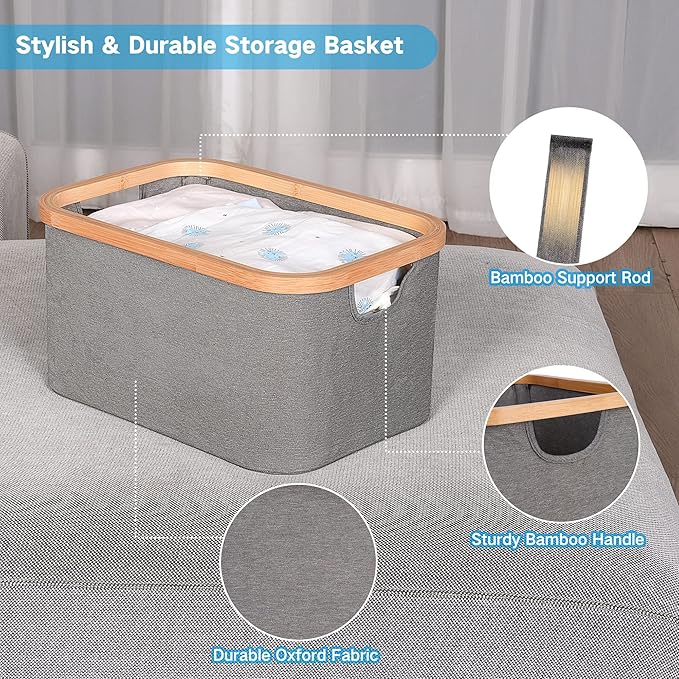 efluky Storage Baskets for Organizing, Fabric Storage Bins with Bamboo Handles, Collapsible Storage Baskets for Shelves and C