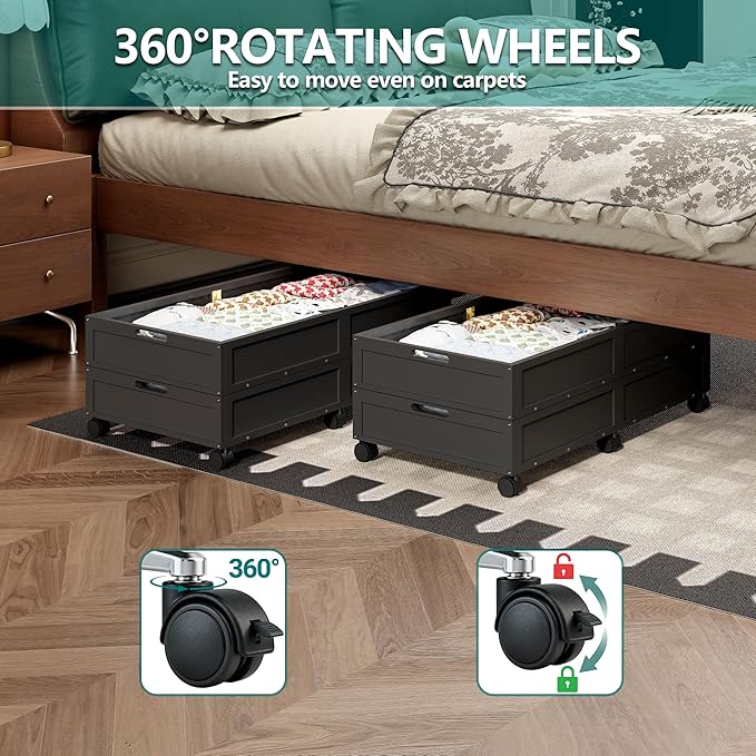 Wood Under Bed Storage Containers Underbed Organizer with Wheels Sturdy Wood Rolling Under Bed Shoe Storage Organizer 2 Packs
