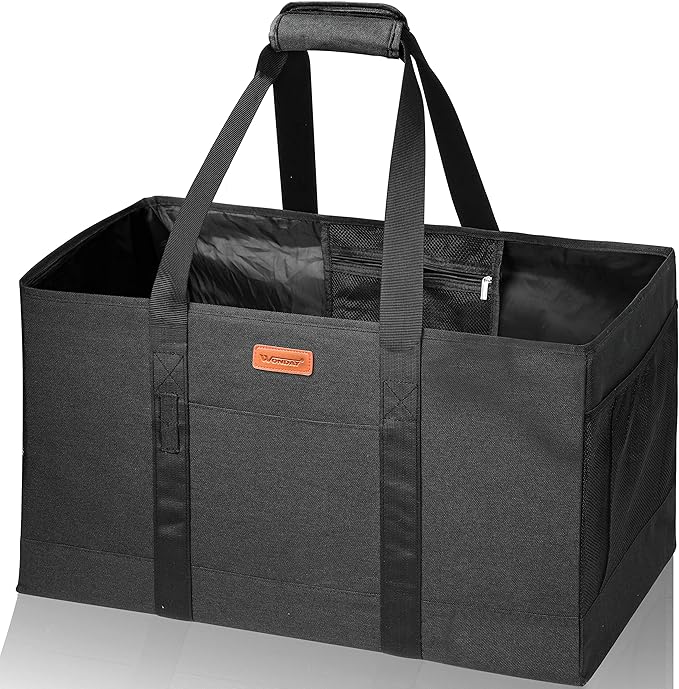 WONDAY Large Utility Tote Bag, Reusable Grocery Bags Collapsible Tote, Large Tote Bag With Handles Utility Tote Shopping Bags for Groceries, Storage, Picnic, Beach, Pool (Black)