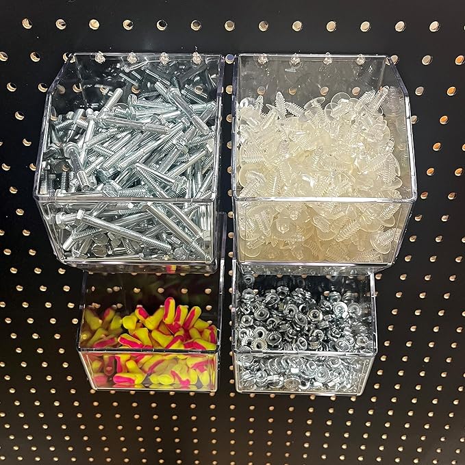 Clear Acrylic Pegboard Bins, 4-Pack, Snap-On Storage Cups for Standard Pegboard, Garage Workbench Organizer for Screws, Nails
