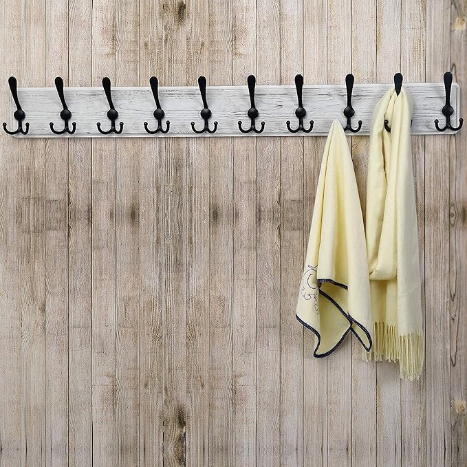 Dseap Coat Rack Wall - Heavy-Duty 38-1/4" Long, with Reinforced 10 Custom Tri-Hooks, Solid Wood Wall Hanger for Coats Hat Jac