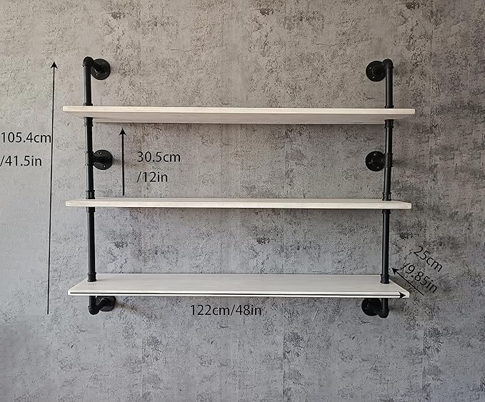 Industrial Pipe Shelving Rustic White Pipe Wall Shelves Industrial Shelves with Wood Planks Floating Shelves 48 Inch Farmhous