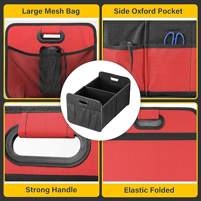 YSSOA 2 Compartments Car Trunk Organizer, 600D Oxford Polyester Car Storage, Anti-slip 14" D x 22" W x 12" H Collapsible