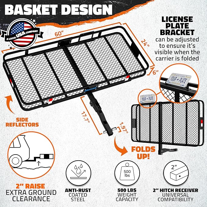 Mockins 60"x24"x6" Folding Trailer Hitch Cargo Carrier w/ 25 Cu Ft Waterproof Cargo Bag for Hitch Carrier | Heavy Duty 500 lbs Steel Luggage Rack for SUV, Car & Truck w/Plate Bracket & Accessories