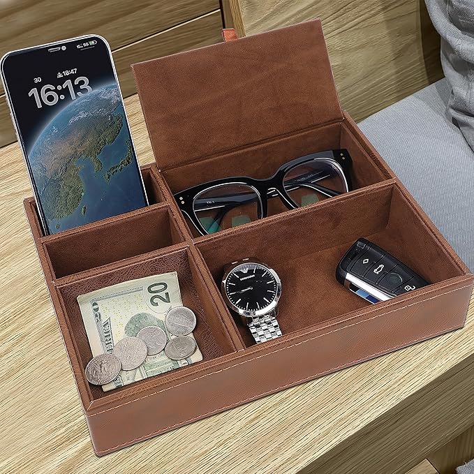 Zcaukya Men's Valet Tray, Jewelry Box Nightstand Organizer with 5 Compartments for Phone Keys Wallet Watch Glasses, Faux Leat