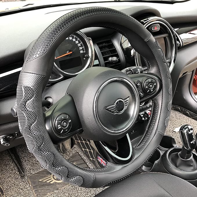 PINCTROT Large Size Steering Wheel Cover Great Grip with 3D Honeycomb Anti-Slip Design, 15.5-15.75 Inch (All Black)