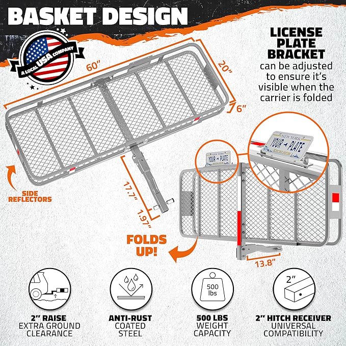 Mockins 60"x20"x6" Gray Heavy Duty Trailer Hitch Cargo Carrier & 16 CuFt Waterproof Cargo Bag for Hitch Carrier | 500 Lbs. Capacity Folding Luggage Rack for SUV Car Truck Van & RV w/Cargo Accessories