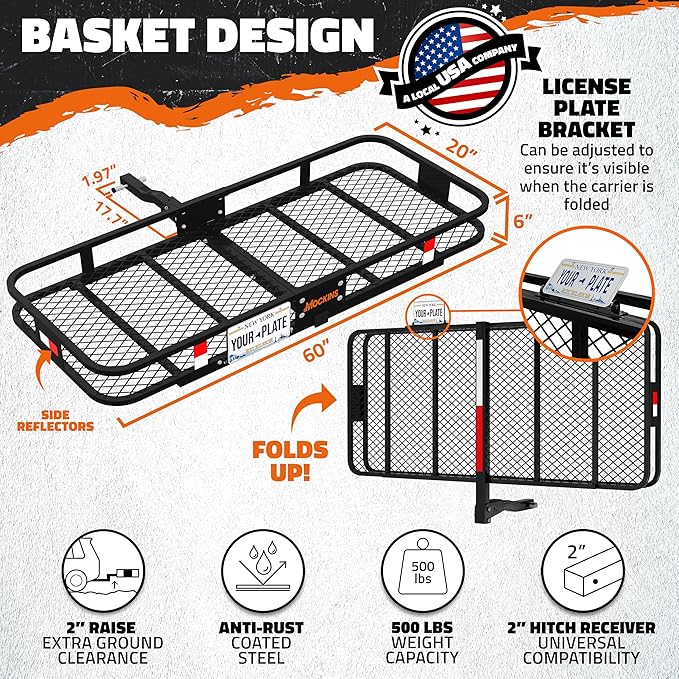 Mockins 60"x20"x6" Folding Luggage Rack for Car Hitch & 20 Cu Ft Waterproof Cargo Bag | 500 lbs Cap Steel Trailer Hitch Cargo Carrier for 2" Receivers w/License Plate Holder, Stabilizer, Net & Straps