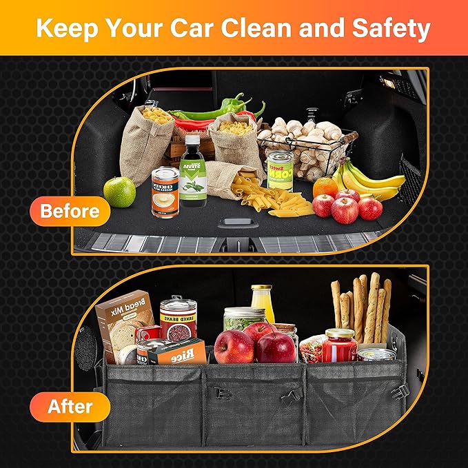 YSSOA Multi Compartments Car Trunk Organizer, 600D Anti-slip Waterproof Oxford Polyester Car Storage, with Adjustable Strap,